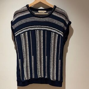 Tory Burch Navy and White Patterned Knit Sweater